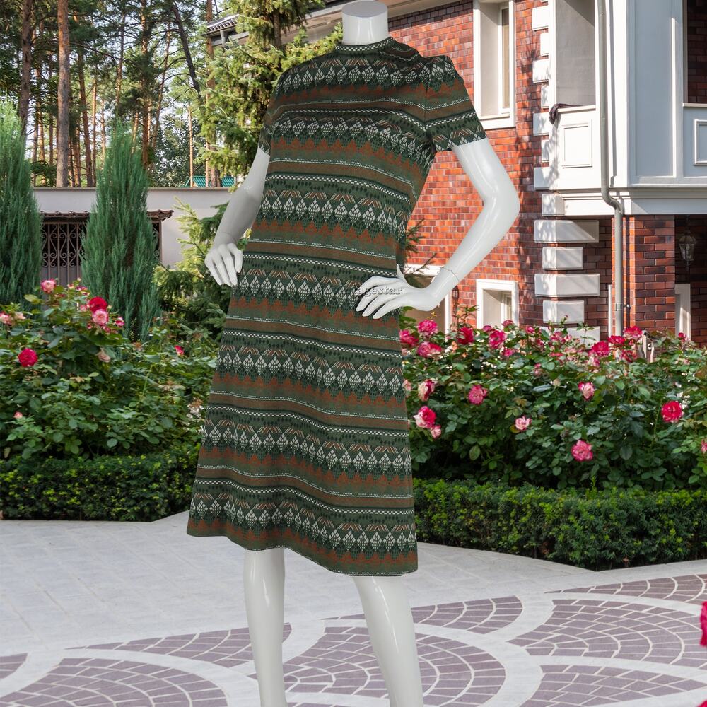 70s Vintage Rona Geometric Diamond Pattern Mod Go Go Art Knit Green Dress M